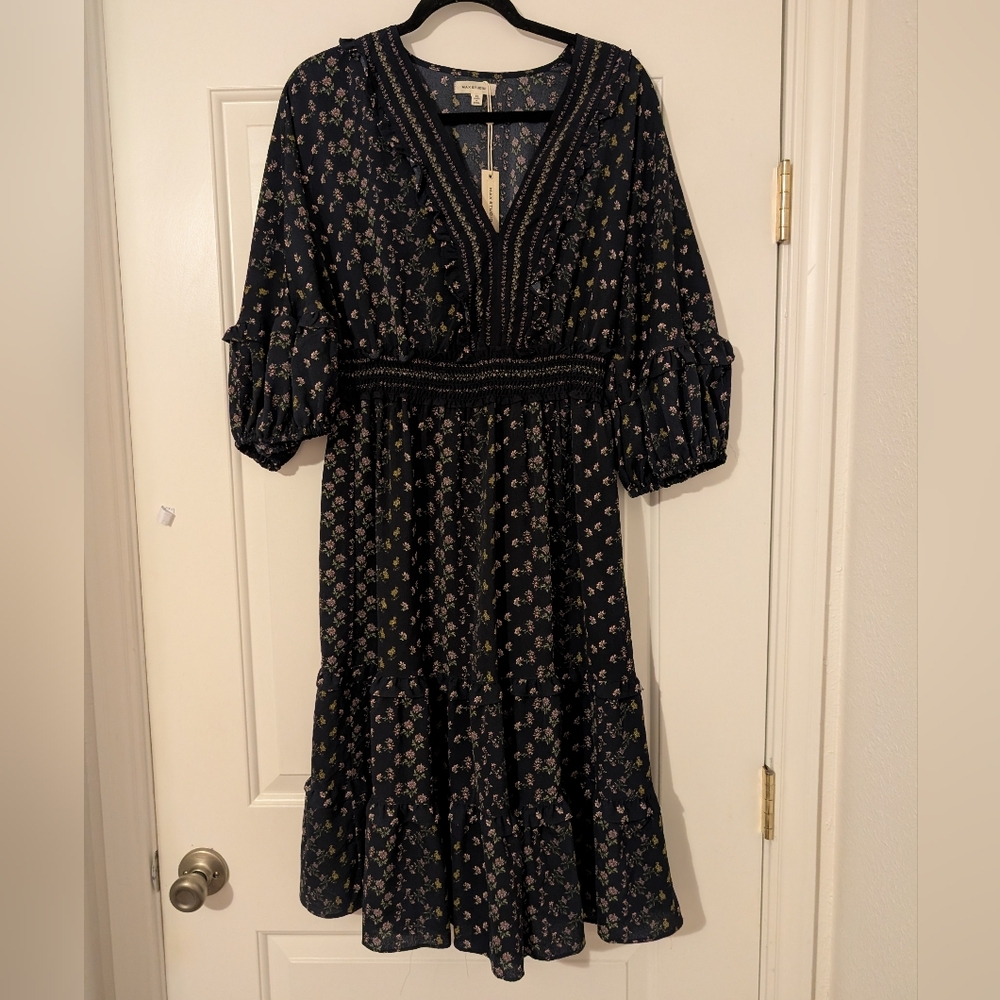 Max Studio Navy Floral‎ Print Midi Dress